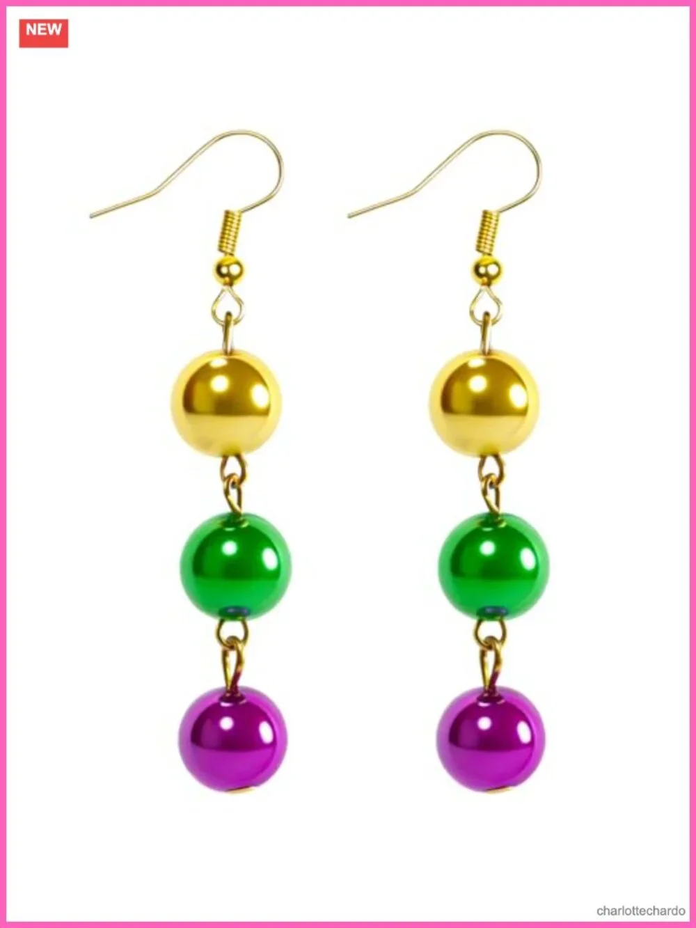 Mardi Gras Beaded Dangle Earrings Gold Plated Stainless Steel French Hook